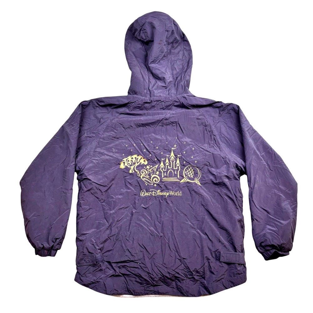 Walt Disney World Mens Blue Full Zip Hooded Windbreaker Jacket Gold Icons Large